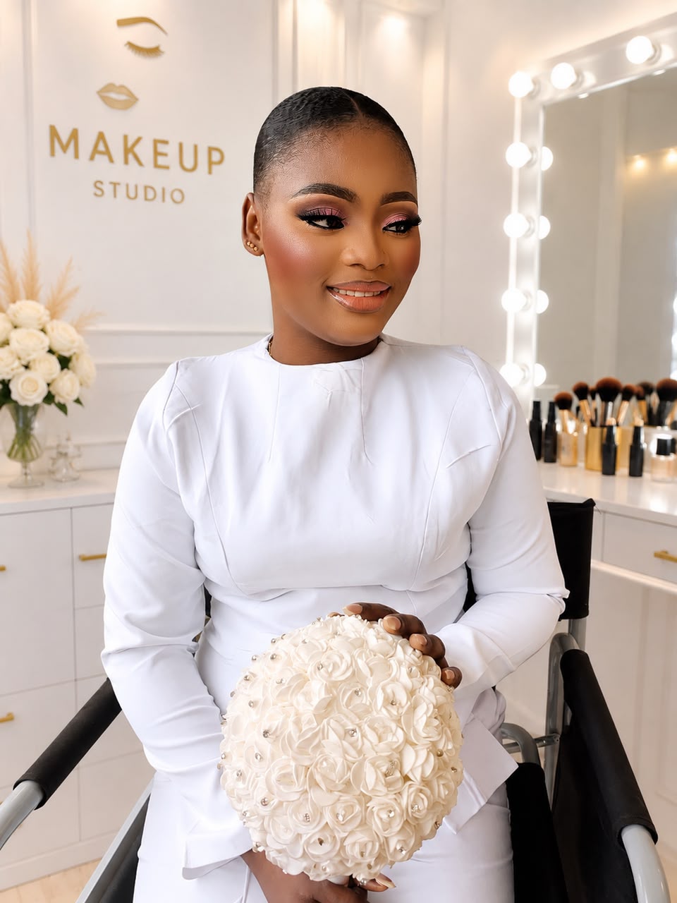 Bridal glam in white holding a rose bouquet
