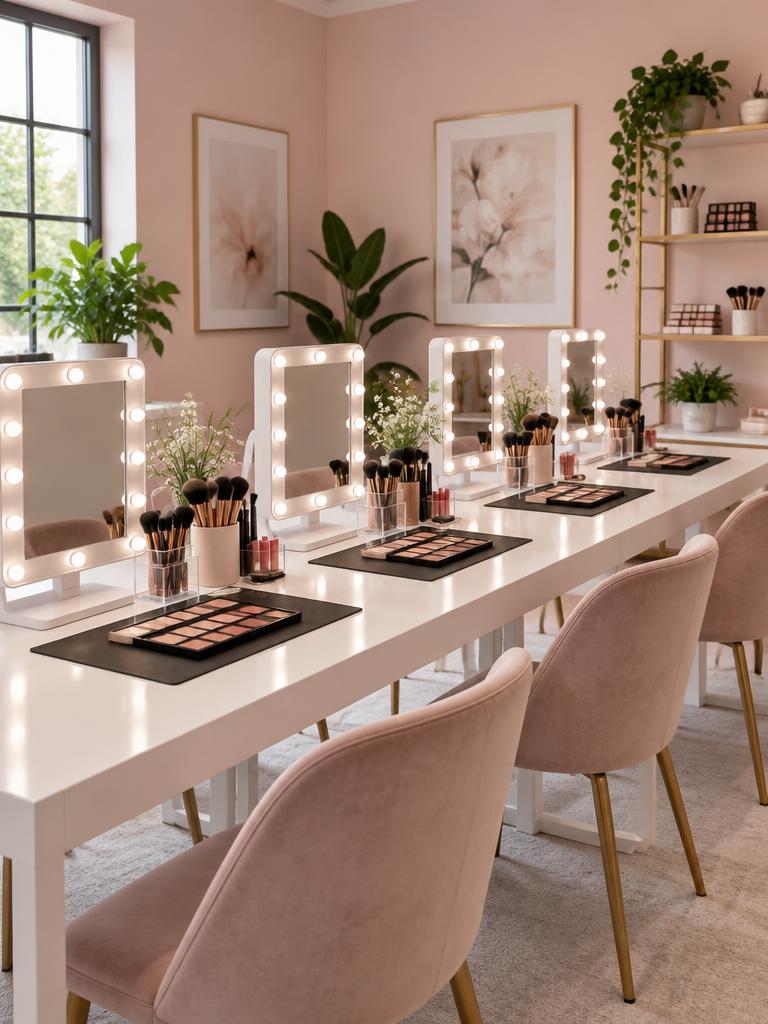 Practice stations set up for a makeup class